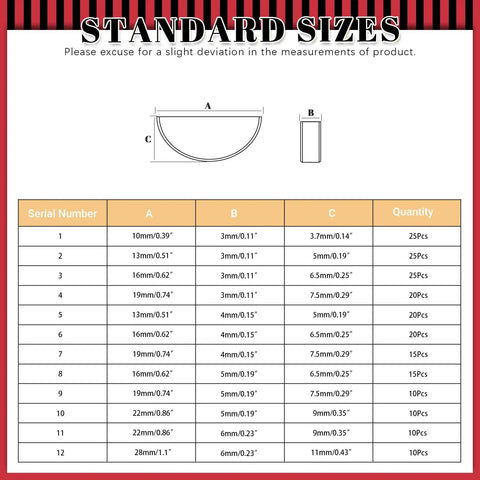 Size chart for Half Moon Woodruff Key Set 205 Pcs Carbon Steel Assortment Kit with 12 Sizes for mechanical fasteners and crankshafts.