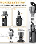 Kiamith 300W Cold Press Juicer With Huge 5.8 Inch Wide Feed Chute assembly instructions displayed step-by-step for easy setup.
