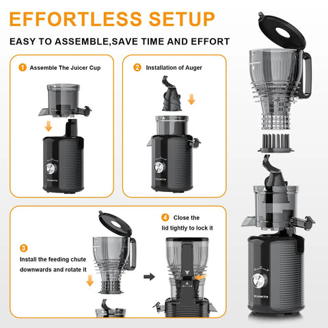 Kiamith 300W Cold Press Juicer With Huge 5.8 Inch Wide Feed Chute assembly instructions displayed step-by-step for easy setup.