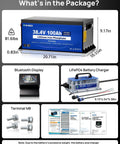 Metal Case 36V 100Ah Pro Lithium Golf Cart Battery With LiFePO4 Battery Tech and accessories displayed, size and specs shown.