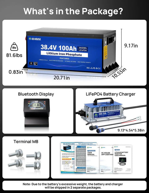 Metal Case 36V 100Ah Pro Lithium Golf Cart Battery With LiFePO4 Battery Tech and accessories displayed, size and specs shown.