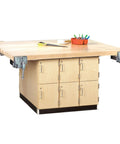 Heavy Duty Wooden Workbench With 12 Vertical Lockers And Four Premium Vise Stations Real Hardwood Top Garage Storage Setup Built Like A Tank For Serious Shop Grind Sessions, wooden top with vises and storage lockers.