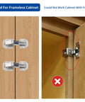 Hidden Soft Close Surface Mount 90 Degree Spring Hinges for frameless cabinets shown installed, close-up view, not suitable for framed cabinets.