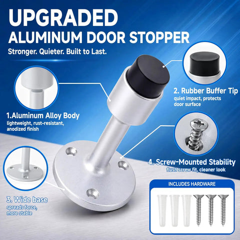 Heavy Duty Aluminum Wall Mounted Door Stop 2 Pack With Sound Dampening Rubber Bumpers and included mounting hardware