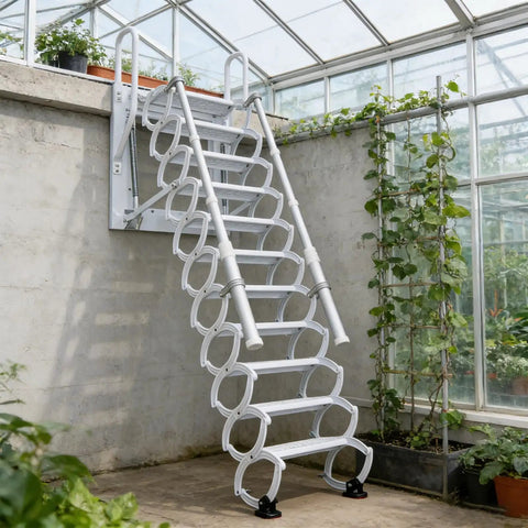 Wall Mounted Folding Loft Ladder With Armrests Retractable Attic Stairs 12 Steps Telescoping Pulldown System For Easy Attic Access White Durable Build installed in greenhouse
