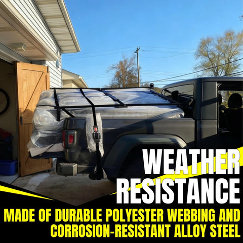 Auto Retractable Ratchet Straps 1 Inch By 12 Foot 1760 Pound Break Strength securing cargo on a truck in the driveway