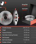 Diagram of front vented disc brake rotors with measurements and opened packaging for Honda and Acura cars