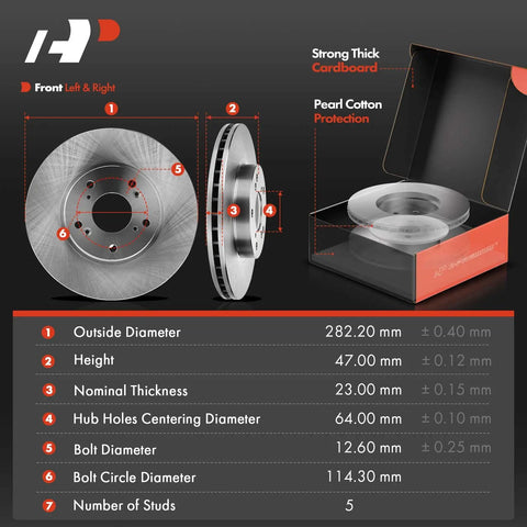 Diagram of front vented disc brake rotors with measurements and opened packaging for Honda and Acura cars