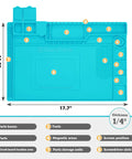 Silicone Soldering Mat With Magnetic Work Pad And 932 F Heat Resistance, labeled features like parts boxes and screwdriver slots