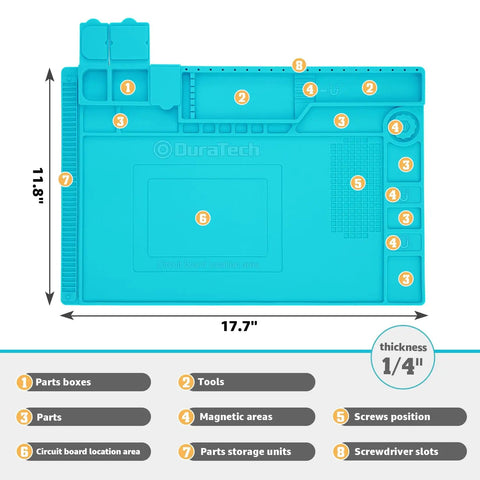 Silicone Soldering Mat With Magnetic Work Pad And 932 F Heat Resistance, labeled features like parts boxes and screwdriver slots