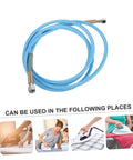 High Temperature Steam Hose For Steam Irons Replacement And Heavy Duty High Pressure Tubing Ideal For Manufacturing And Home Use With Durable Heat Resistant Build And Plug And Play Quick Install coiled on white background next to ironing images