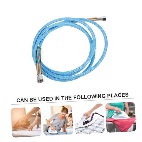 High Temperature Steam Hose For Steam Irons Replacement And Heavy Duty High Pressure Tubing Ideal For Manufacturing And Home Use With Durable Heat Resistant Build And Plug And Play Quick Install coiled on white background next to ironing images