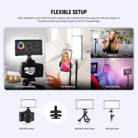 Portable Full Color RGB Video Light 8W With Adjustable 2700K to 7500K Temperature 17 Scene Options CRI 97 in flexible setup.
