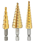 Awesome Socoje Step Drill Bit Set: 3-Piece Hex Shank HSS Cone Bits, Titanium Coated For Quick DIY Wood And Plastic Projects, Perfect For Heavy Duty Drilling Tasks. three titanium-coated HSS step drill bits with hex shanks and size markings