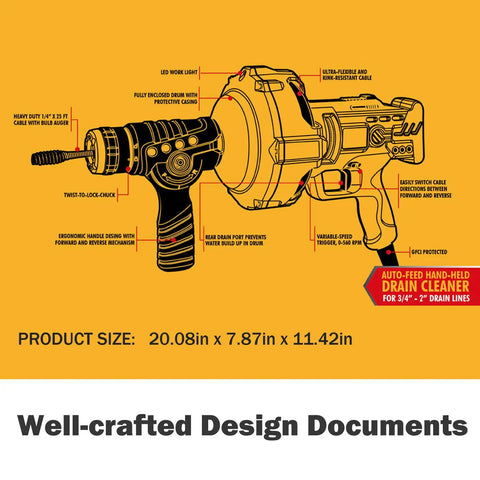 Technical schematic of Electric Drain Cleaner With Auto Feed 1 Quarter Inch By 25 Foot Drum Cable Replaceable Inner Core Cable And Bulb Auger Head showing dimensions and features.