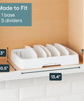 Big Kitchen Cabinet Lid Organizer With Five Adjustable Dividers Gonna Keep Your Pantry Straight No Sweat Sorting Tray For Food Containers Slick Kitchen Helper White on kitchen shelf, showing dimensions.