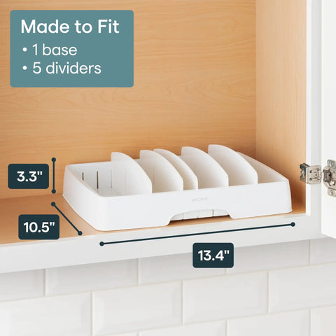 Big Kitchen Cabinet Lid Organizer With Five Adjustable Dividers Gonna Keep Your Pantry Straight No Sweat Sorting Tray For Food Containers Slick Kitchen Helper White on kitchen shelf, showing dimensions.