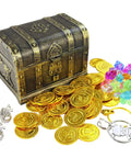 Pirate Treasure Chest Toy With Lock For Kids Kid Friendly Adventure Storage Box Includes Coins Gems Earrings Ring Necklace Lock And Key Perfect For Props Party Favors Decoration Antique Brass Finish with coins and gems
