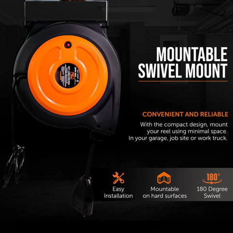 Cord Reel Extension 12AWG 50 Ft With Triple Tap Connector IP64 Waterproof Rated 15A 1875W mountable swivel design