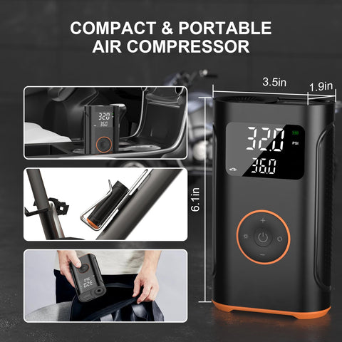 Portable Tire Inflator Air Compressor 160 PSI with Memory Function and Tire Pressure Gauge shown with digital display
