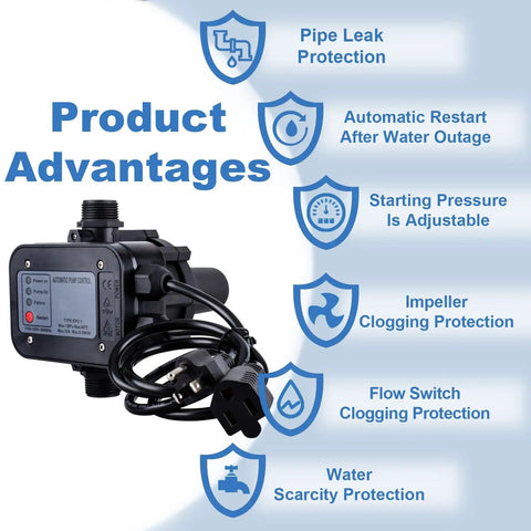 Water Pump Pressure Controller With Automatic Electronic Switch, Adjustable 1.5-2.5 Bar, Easy Plug-And-Play 110-120V