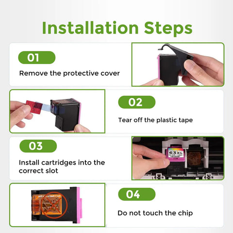 Installation steps for 63XL Ink Cartridge Combo Pack 2 Black 1 Color 3 Pack For HP Printers With Upgraded Chips High Yield Replacement