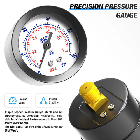 TAILONZ 5-in-1 pneumatic mini pressure regulator kit with gauge and yellow 1/4 in NPT fitting, adjustable 0–145 psi