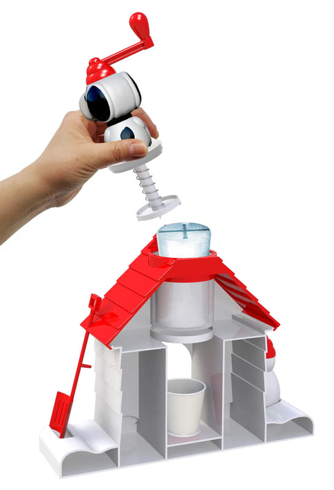 Snoopy House Snow Cone Machine For Kids Hand Crank Shaved Ice Maker With Fruit Punch Flavor Pack being filled with ice.