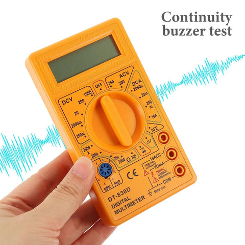 Hand holding 830D Digital Multimeter Tester with Buzzer 1999 Counts for AC DC voltage current resistance continuity diodes use.