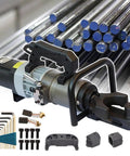 Smooth Operator Handheld Electric Hydraulic Rebar Bender with accessories, designed for bending steel rods and copper.