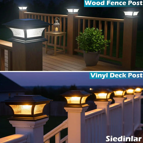 Solar Post Cap Lights For 4x4 5x5 6x6 Posts, Outdoor Glass LED Fence Caps with Pebbled Glass illuminating a wood deck railing at night.