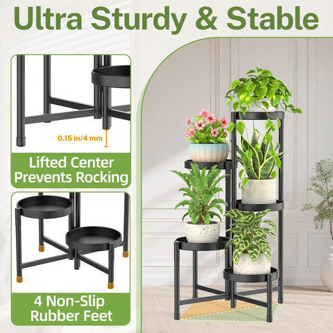 Premium 5 Tier Metal Corner Plant Stand For Indoor Outdoor Use, Adjustable Space Saving Corner Shelf, Quick Tool Free Assembly, Modern Black Finish To Level Up Your Greenery Vibes Now