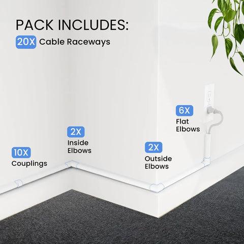 Cord Hider 300 Inch Wall Cord Cover Kit for TVs and Cords, Cable Concealer and Raceway with couplings and elbows setup.