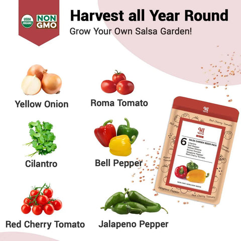 All In One Hydroponic Seed Pod Kit With Eight Pods And Over Six Hundred Heirloom Non GMO Seeds For Cherry Tomato Roma Tomato Bell Pepper Jalapeno Cilantro And Onion packaging with images of vegetables