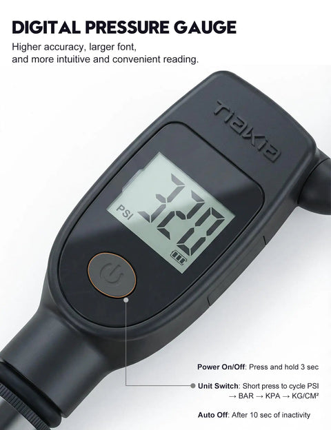 320 PSI High Pressure Bike Shock Pump With Gauge digital display showing 32.0 PSI for Front Fork and Rear Suspension