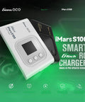 Imars S100 G Tech Series 100W LiPo Battery Charger in white with buttons and screen, black charger in background.