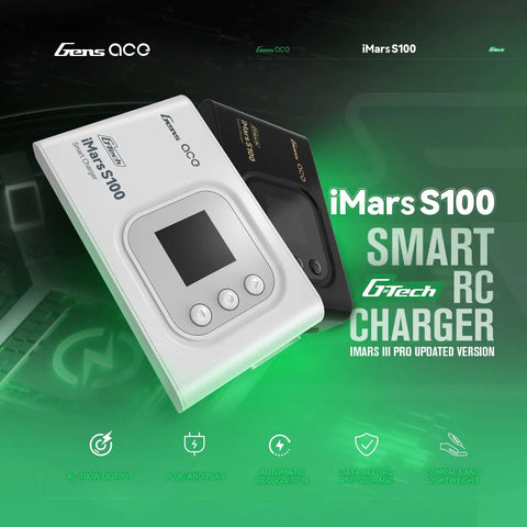 Imars S100 G Tech Series 100W LiPo Battery Charger in white with buttons and screen, black charger in background.