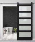 36X84 Black Frosted Glass Barn Door With Complete Hardware Kit And Six Point Six Foot Track Handle No Sweat Install Smooth Operator Glide Heavy Duty Solid Core Build, sliding door in modern bathroom setting.