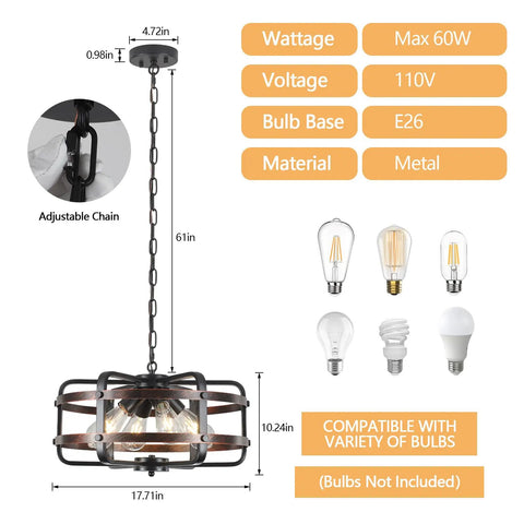Dope Industrial Black 4 Light Cage Chandelier with adjustable chain and E26 base showing bulb compatibility