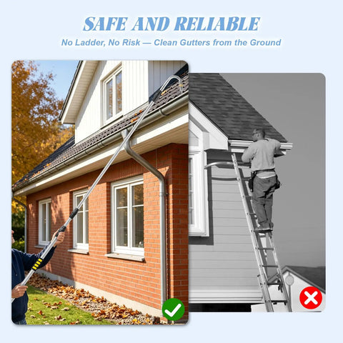 16Ft Telescoping Gutter Cleaning Tool From Ground With Up To 24Ft Reach Bendable Flexible Wand next to ladder illustration