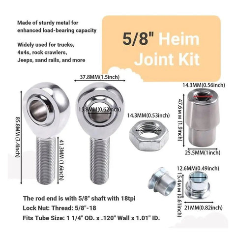 Top Tier 4 Pack 5/8 Inch 18 Thread Heim Ball Bearing Rod Ends with Spacers for Heavy Duty Steering and Control Arm Linkage showing sizes.