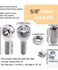 Durable Heavy Duty Garage Ready 4 Piece Heim Joint Rod End Kit With Spacers 5/8 Inch 18 Thread Spherical Bearings assembly details and measurements.
