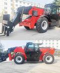 Heavy Duty 4Wd Telehandler Forklift Rig With Swappable Forks Heavy Bucket And Crane Jib, black and red, side view, construction equipment.
