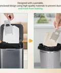 Roomba vacuum bag front view: hand inserts white disposable bag into Roomba dustbin.
Roomba vacuum bag side view: hand drops white disposable bag into lined metal trash can.