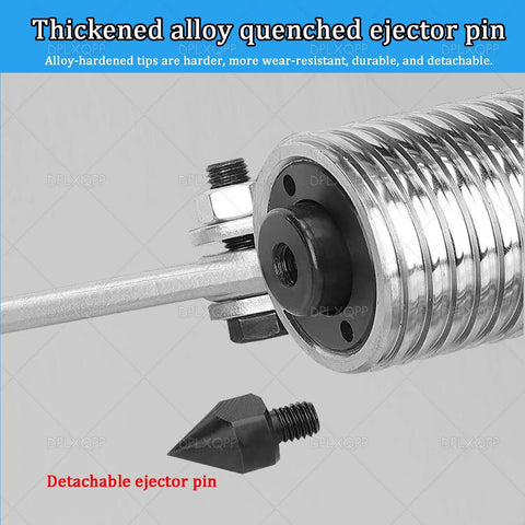 Close-up of thickened alloy quenched ejector pin with detachable tip, showcasing durable materials and precise design.