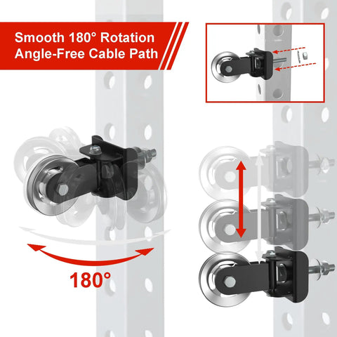 2 Pack Rotating Pulley Attachment For 3x3 Power Rack Swivel Aluminum Cable Setup With 1 And 5/8 Inch Adapters showing 180° rotation mechanism.