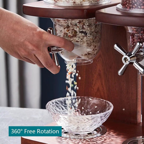 Hand dispensing rice from Triple Head Cereal And Grain Dispenser For Kitchen Counter Holds Four Liters Each Solid Wood Base.