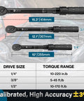Three Piece Torque Wrench Set With 1/4, 3/8, And 1/2 Inch Drives Click Type Torque Wrenches For Bikes, Motorcycles, Cars, And Workshop Use, Ranging 10-220 In-Lb, 5-45 Ft-Lb, And 10-170 Ft-Lb, shown with lengths and torque ranges