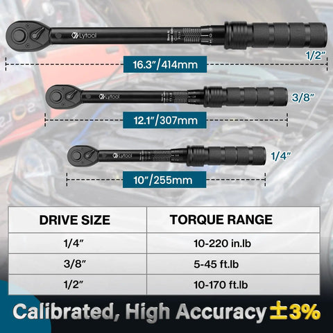 Three Piece Torque Wrench Set With 1/4, 3/8, And 1/2 Inch Drives Click Type Torque Wrenches For Bikes, Motorcycles, Cars, And Workshop Use, Ranging 10-220 In-Lb, 5-45 Ft-Lb, And 10-170 Ft-Lb, shown with lengths and torque ranges