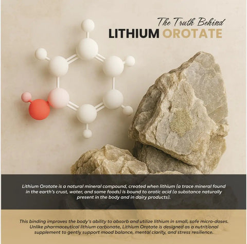 Molecular model of Lithium Orotate next to rocks, illustrating natural mineral compound used in Lithium Orotate Gummies With 5 Mg Microdose For Chill Focus And Everyday Balance Natural Raspberry Flavor 90 Vegan Gummies Non GMO Third Party Tested Premium.